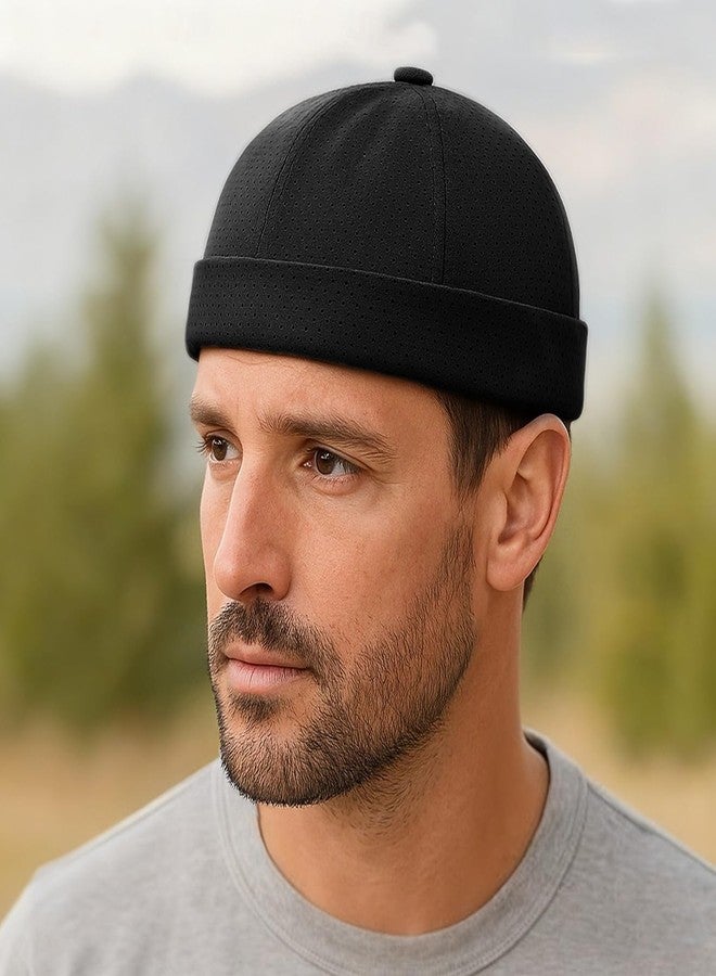 PTDTSHOU Mens Breathable Mesh Brimless Hat,No Brim Summer Docker Beanie Cap Lightweight Black - Image 2